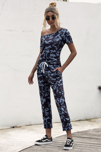 Camouflage Print Short-sleeved Off-the-shoulder Jumpsuit