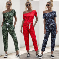 Camouflage Print Short-sleeved Off-the-shoulder Jumpsuit