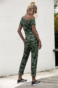 Camouflage Print Short-sleeved Off-the-shoulder Jumpsuit