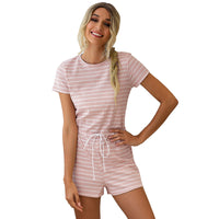 Women's Summer Round Neck Striped Home Casual Jumpsuit Shorts