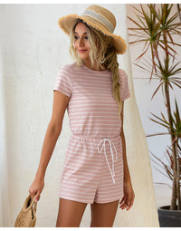 Women's Summer Round Neck Striped Home Casual Jumpsuit Shorts