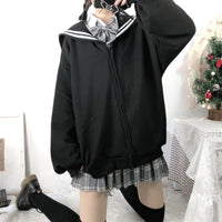 Oversized Sweatshirt Zip-Up Hoodie Sailor-Collar Japanese Streetwear Qweek Soft Girl
