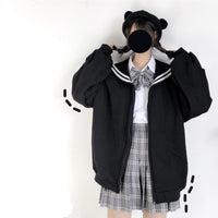Oversized Sweatshirt Zip-Up Hoodie Sailor-Collar Japanese Streetwear Qweek Soft Girl