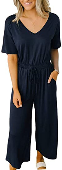 Casual Short-sleeved Women's V-neck Wide-leg Jumpsuit