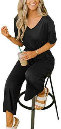 Casual Short-sleeved Women's V-neck Wide-leg Jumpsuit