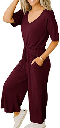 Casual Short-sleeved Women's V-neck Wide-leg Jumpsuit