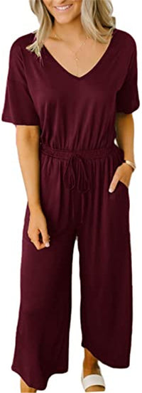 Casual Short-sleeved Women's V-neck Wide-leg Jumpsuit