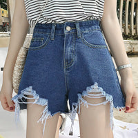 Summer New Denim High Waist Korean Shorts Women Loose Holes Chic Tassel A Word Wide Leg Hot Pants Trend