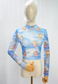 Women's Mesh Hollow-Out Butterfly Print Long-Sleeve Base Shirt