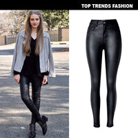European And American Women's High-Waist Slim-Fit Stretch-Coated Imitation Leather Pants Denim Feet Pants PU Pocket Motorcycle Models All-Match Large Size