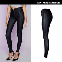 European And American Women's High-Waist Slim-Fit Stretch-Coated Imitation Leather Pants Denim Feet Pants PU Pocket Motorcycle Models All-Match Large Size