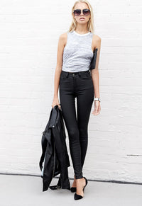 European And American Women's High-Waist Slim-Fit Stretch-Coated Imitation Leather Pants Denim Feet Pants PU Pocket Motorcycle Models All-Match Large Size