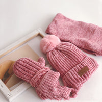 Hanfan Chenille Cowhide Standard Fur Ball Plus Velvet Thickening Children's Suit Knitted Hat Scarf Gloves Three-Piece Suit