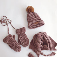 Hanfan Chenille Cowhide Standard Fur Ball Plus Velvet Thickening Children's Suit Knitted Hat Scarf Gloves Three-Piece Suit