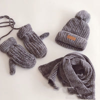Hanfan Chenille Cowhide Standard Fur Ball Plus Velvet Thickening Children's Suit Knitted Hat Scarf Gloves Three-Piece Suit
