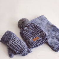 Hanfan Chenille Cowhide Standard Fur Ball Plus Velvet Thickening Children's Suit Knitted Hat Scarf Gloves Three-Piece Suit