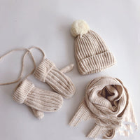 Hanfan Chenille Cowhide Standard Fur Ball Plus Velvet Thickening Children's Suit Knitted Hat Scarf Gloves Three-Piece Suit