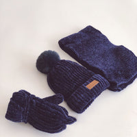 Hanfan Chenille Cowhide Standard Fur Ball Plus Velvet Thickening Children's Suit Knitted Hat Scarf Gloves Three-Piece Suit