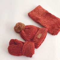 Hanfan Chenille Cowhide Standard Fur Ball Plus Velvet Thickening Children's Suit Knitted Hat Scarf Gloves Three-Piece Suit