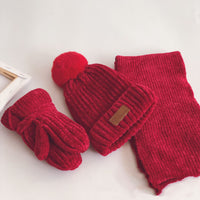 Hanfan Chenille Cowhide Standard Fur Ball Plus Velvet Thickening Children's Suit Knitted Hat Scarf Gloves Three-Piece Suit