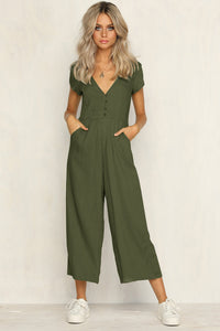 Fashion V Neck Button Cutout Halter Short Sleeved Jumpsuit Women