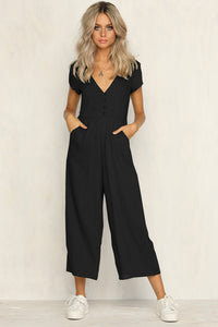 Fashion V Neck Button Cutout Halter Short Sleeved Jumpsuit Women