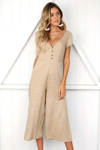 Fashion V Neck Button Cutout Halter Short Sleeved Jumpsuit Women