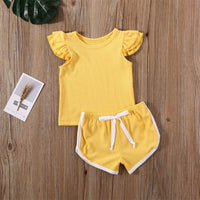 Girls Pit Cotton Fly Sleeve Blouse And Shorts Set