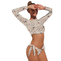 New Leopard Print Bikini Women'S Long Sleeve Sunscreen Swimsuit Bandage Swimsuit Split