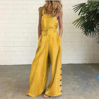 Cotton And Linen Printed Button Trim Suspenders Jumpsuit