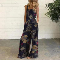 Cotton And Linen Printed Button Trim Suspenders Jumpsuit