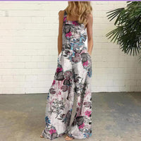 Cotton And Linen Printed Button Trim Suspenders Jumpsuit