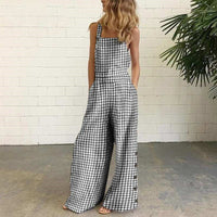 Cotton And Linen Printed Button Trim Suspenders Jumpsuit