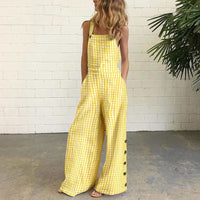 Cotton And Linen Printed Button Trim Suspenders Jumpsuit