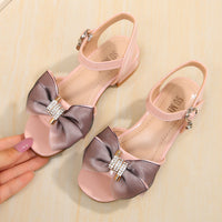 Girls' High-Heeled Sandals Summer New Bow Korean Version Of The Rhinestone Middle And Large Children's Princess Open-Toe Fashion Sandals