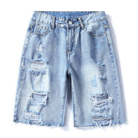 Thin Korean Style Ripped Wide-leg Five-point Pants