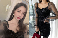 Puff Sleeve Gauze See-Through Hollow Evening Dress Women Spring Pleated Slim Off-The-Shoulder Neckline Jumpsuit Skirt