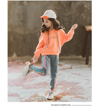 GirlsSuit Autumn New Korean GirlsMiddle And Large Childrens Color Rope Solid Color Hooded Sweater Leisure Two Piece Set