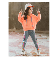 GirlsSuit Autumn New Korean GirlsMiddle And Large Childrens Color Rope Solid Color Hooded Sweater Leisure Two Piece Set