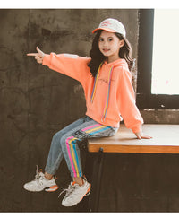 GirlsSuit Autumn New Korean GirlsMiddle And Large Childrens Color Rope Solid Color Hooded Sweater Leisure Two Piece Set