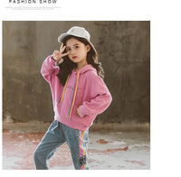 GirlsSuit Autumn New Korean GirlsMiddle And Large Childrens Color Rope Solid Color Hooded Sweater Leisure Two Piece Set