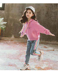 GirlsSuit Autumn New Korean GirlsMiddle And Large Childrens Color Rope Solid Color Hooded Sweater Leisure Two Piece Set