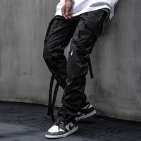 Double Webbing Pants Men's Casual Black All-Match Overalls Personality Streamer Trousers