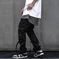 Double Webbing Pants Men's Casual Black All-Match Overalls Personality Streamer Trousers