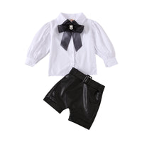 Children's Fall New Fashion Puff Sleeve White Shirt and Leather Pants Free Bow And Belt