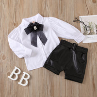 Children's Fall New Fashion Puff Sleeve White Shirt and Leather Pants Free Bow And Belt