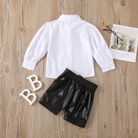 Children's Fall New Fashion Puff Sleeve White Shirt and Leather Pants Free Bow And Belt