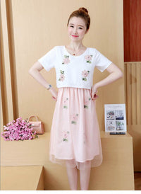 Summer Korean Fashion Mid-Length Short-Sleeved Fake Two-Piece Breastfeeding Plus Size Dress