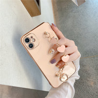 Compatible with Apple , Pure Color Electroplating Love Soft Shell For Apple Mobile Phone Case With Wrist Strap