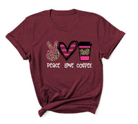 Peace Love Coffee Print Short Sleeved Round Neck T Shirt